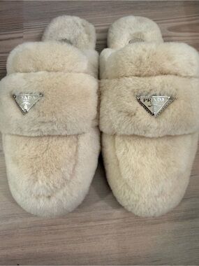 Prada Cream Faux-Shearling Slide Slippers with Metal Triangle Logo